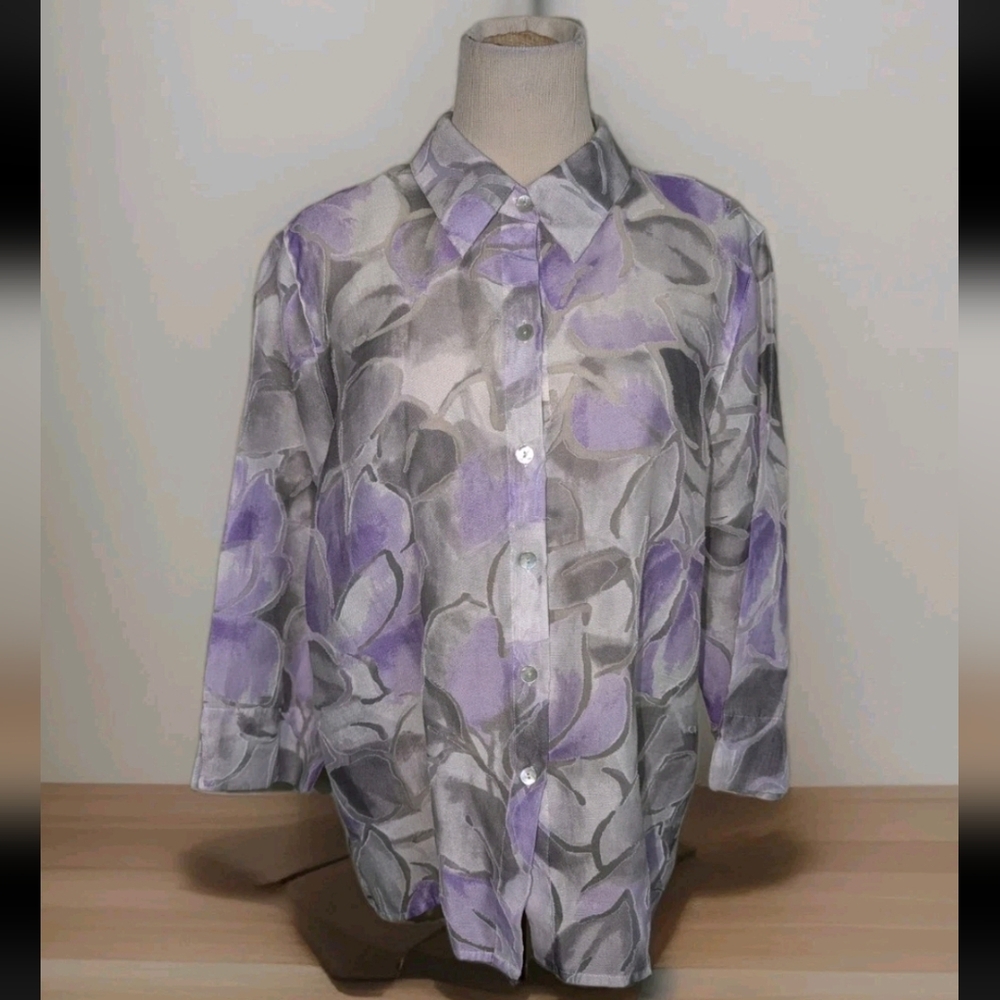 Alfred Dunner Woman Shirt Purple Floral Semi Sheer Blouse Top Size 16p Petite